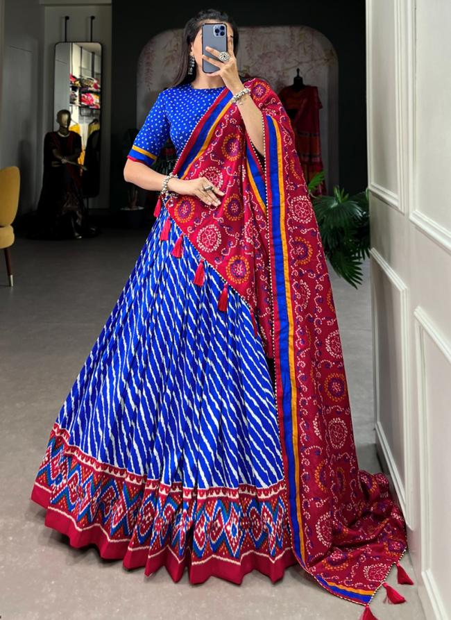 Tussar Silk Royal Blue Festival Wear Leheriya Print Lehenga Choli